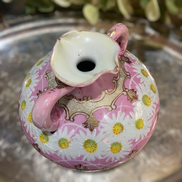 Antique Japan Nippon Vase Daisies Hand Painted Moriage Beaded Pink Handled Squat - Picture 7 of 10